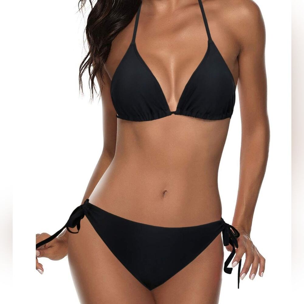 New Black Bikini 2 Piece Padded Top Tie‎ Triangle Bikini 583 Sexy Bathing Suit L